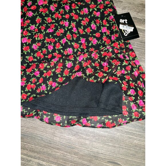 Art Class Chiffon Mini Skirt - Black Floral Pink/Red Roses size S 6-7 - Picture 3 of 4